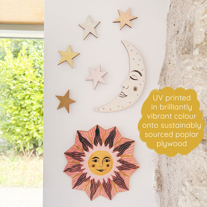 **NEW!** Wooden Sun, Moon and Stars Wall Decorations - Peach and Green