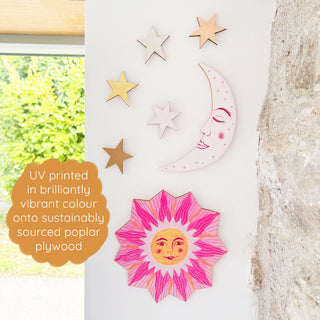 **NEW!** Wooden Sun, Moon and Stars Wall Decorations - Pink and Orange
