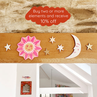 **NEW!** Wooden Sun, Moon and Stars Wall Decorations - Pink and Orange