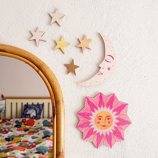 **NEW!** Wooden Sun, Moon and Stars Wall Decorations - Pink and Orange
