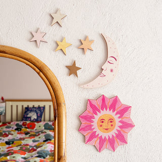 **NEW!** Wooden Sun, Moon and Stars Wall Decorations - Pink and Orange