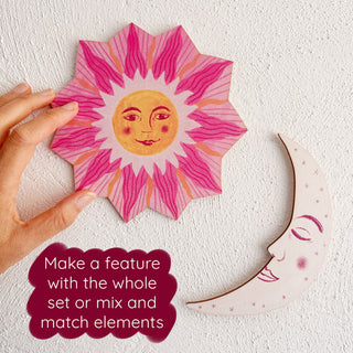 **NEW!** Wooden Sun, Moon and Stars Wall Decorations - Pink and Orange
