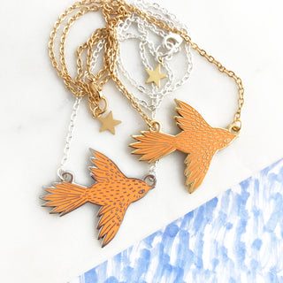 Flying Bird Enamel Necklace - Juicy Orange
