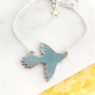 Flying Bird Enamel Necklace - Sky Blue