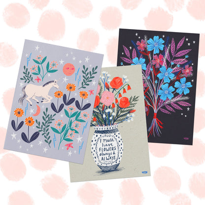 Animals and Florals Postcard Set - Blues